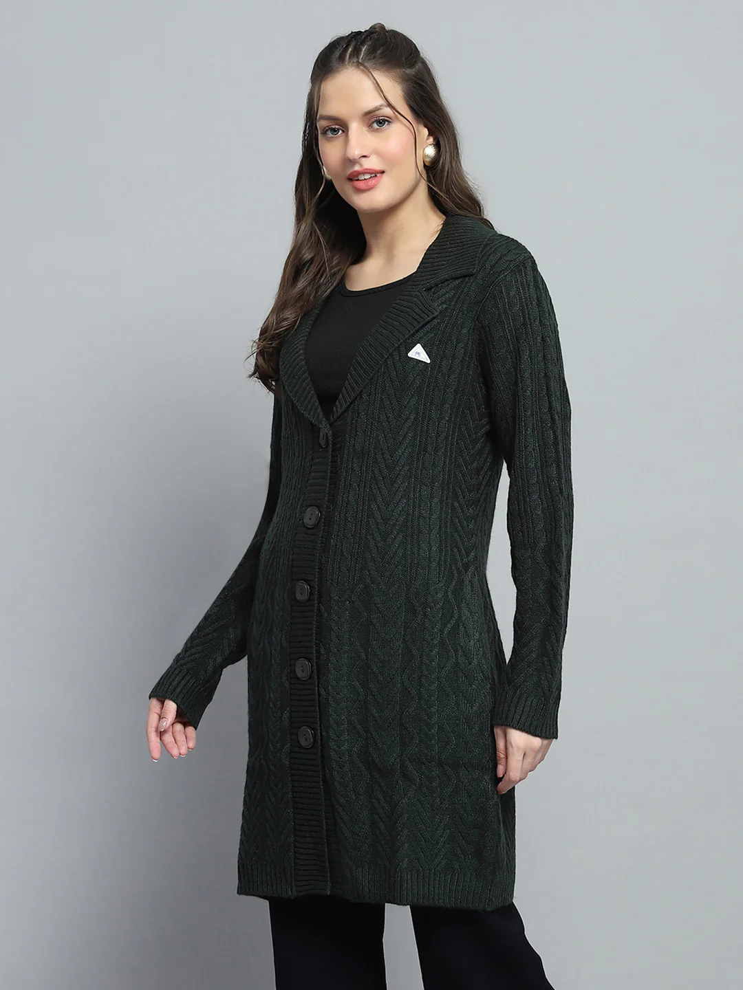 Women Green Self Design Notch Lapel Collar Full Sleeve Cardigan - Image 3