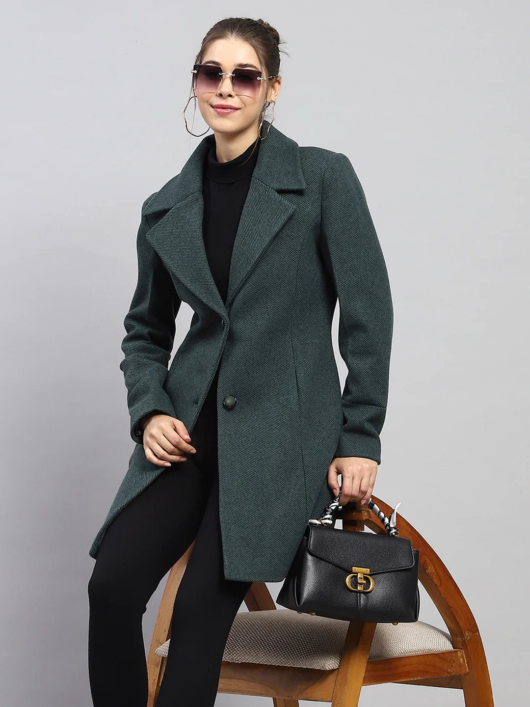 Women Green Self Design Notch lapel Collar Full Sleeve Coat - Image 6