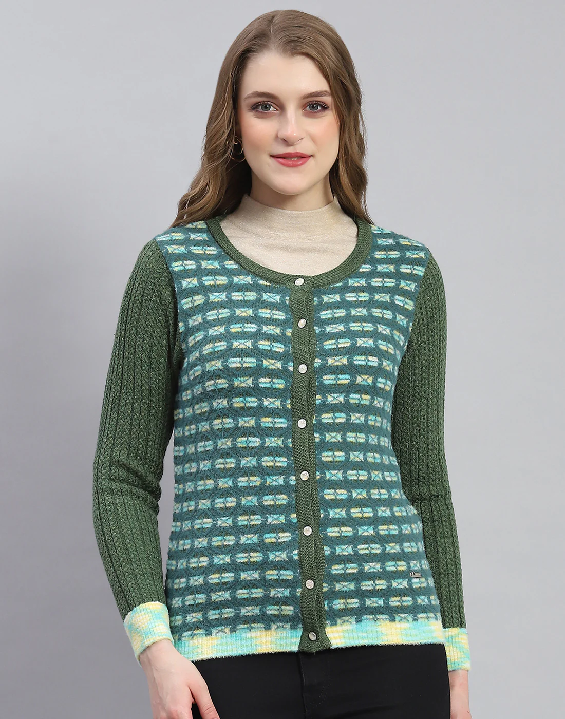 Women Green Self Design Round Neck Full Sleeve Cardigan - Image 2
