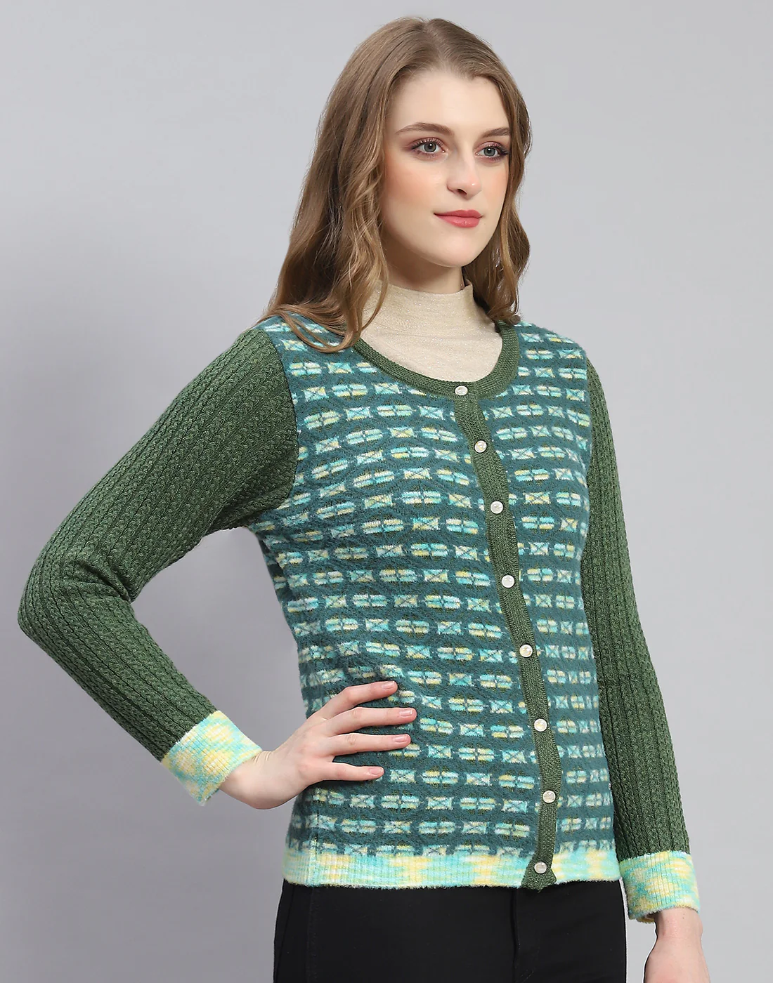 Women Green Self Design Round Neck Full Sleeve Cardigan - Image 4