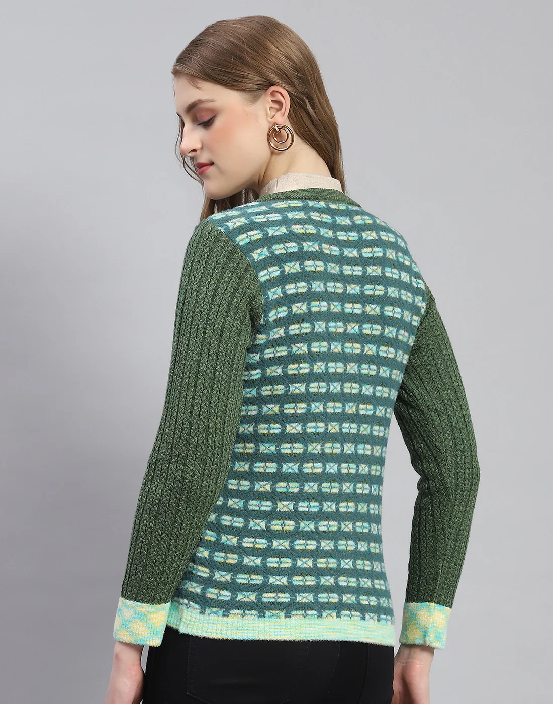 Women Green Self Design Round Neck Full Sleeve Cardigan - Image 5
