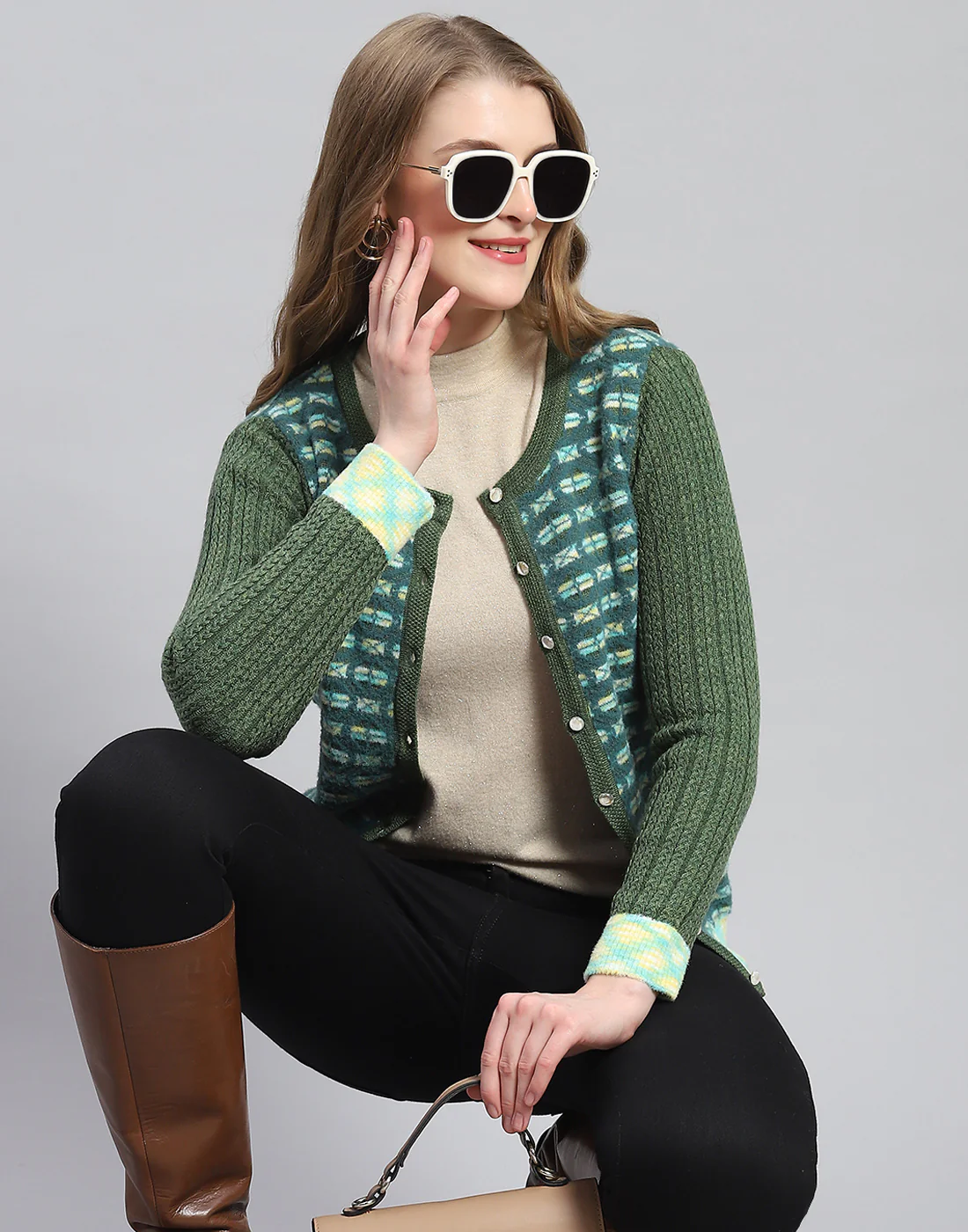 Women Green Self Design Round Neck Full Sleeve Cardigan - Image 6