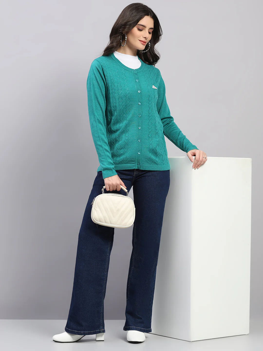 Women Green Self Design Round Neck Full Sleeve Cardigan - Image 2