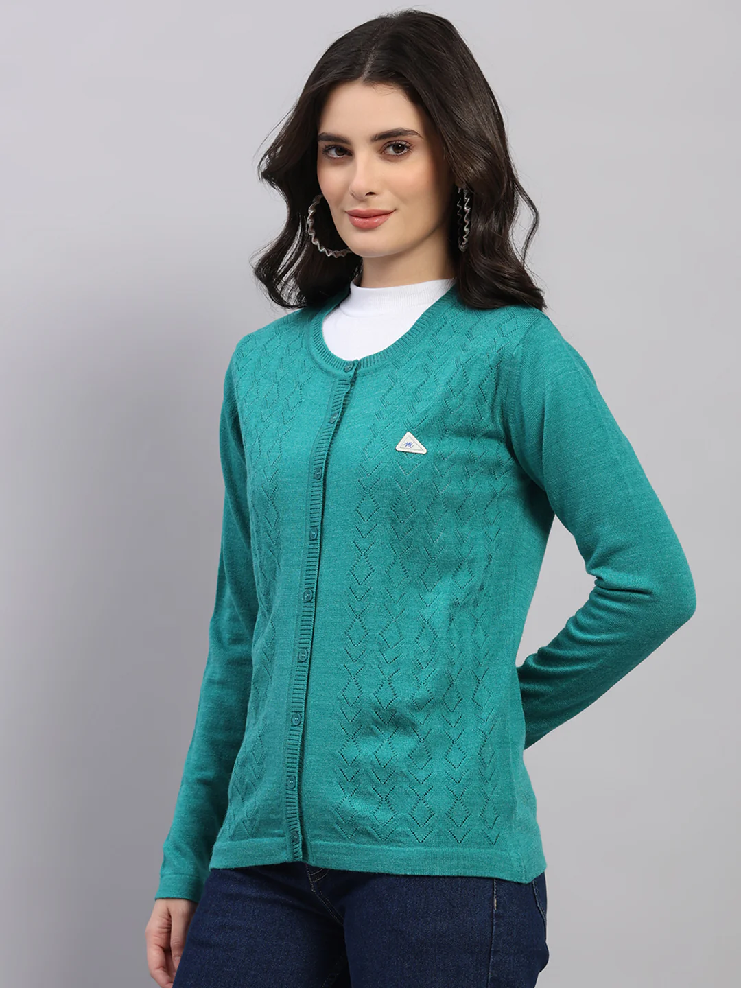 Women Green Self Design Round Neck Full Sleeve Cardigan - Image 3