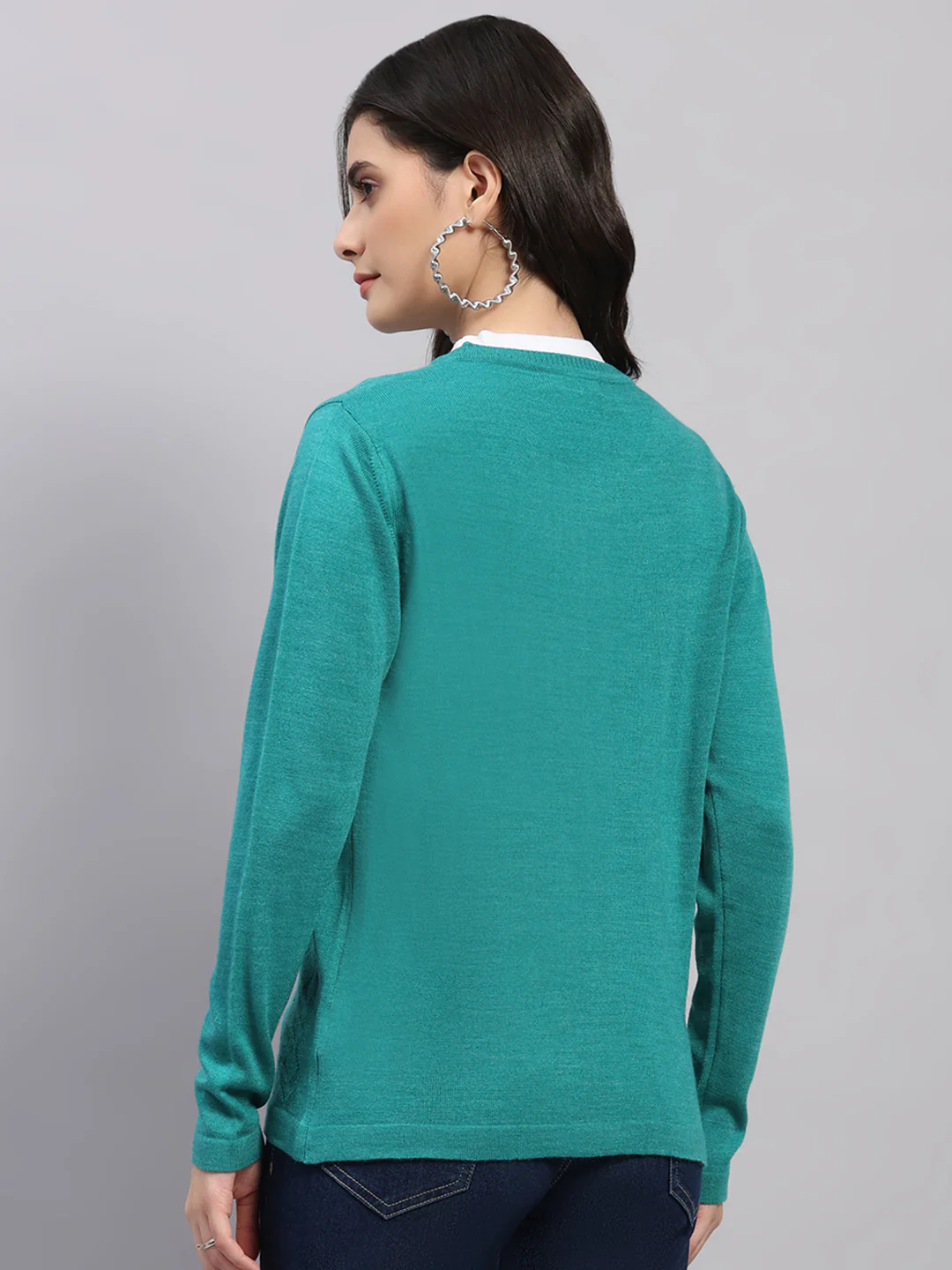 Women Green Self Design Round Neck Full Sleeve Cardigan - Image 5