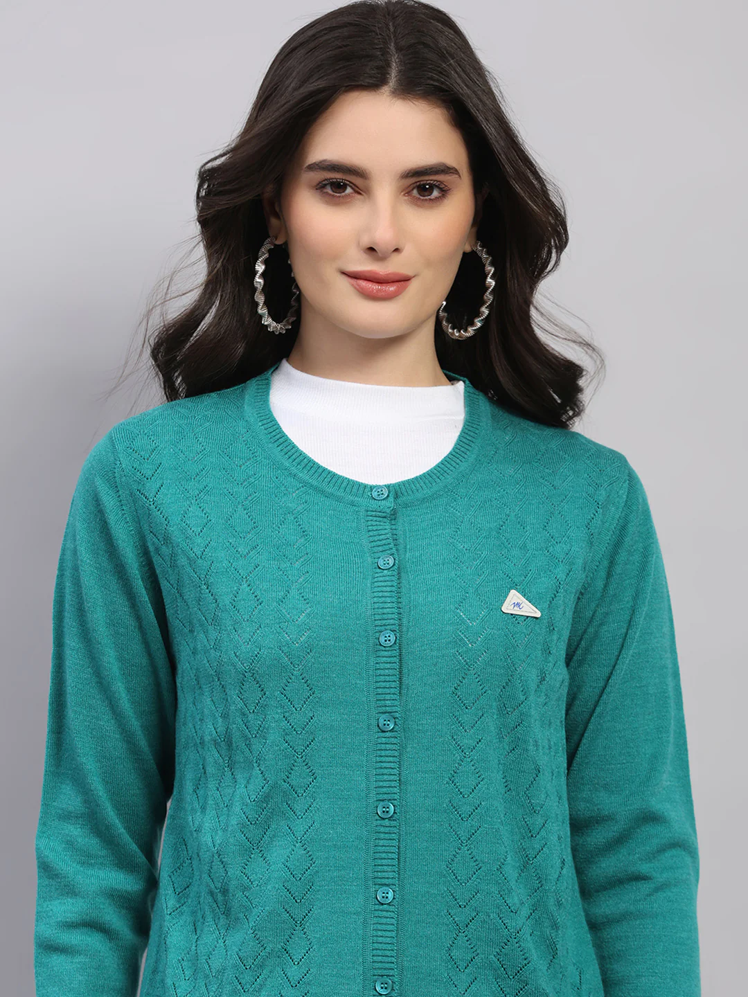 Women Green Self Design Round Neck Full Sleeve Cardigan - Image 7