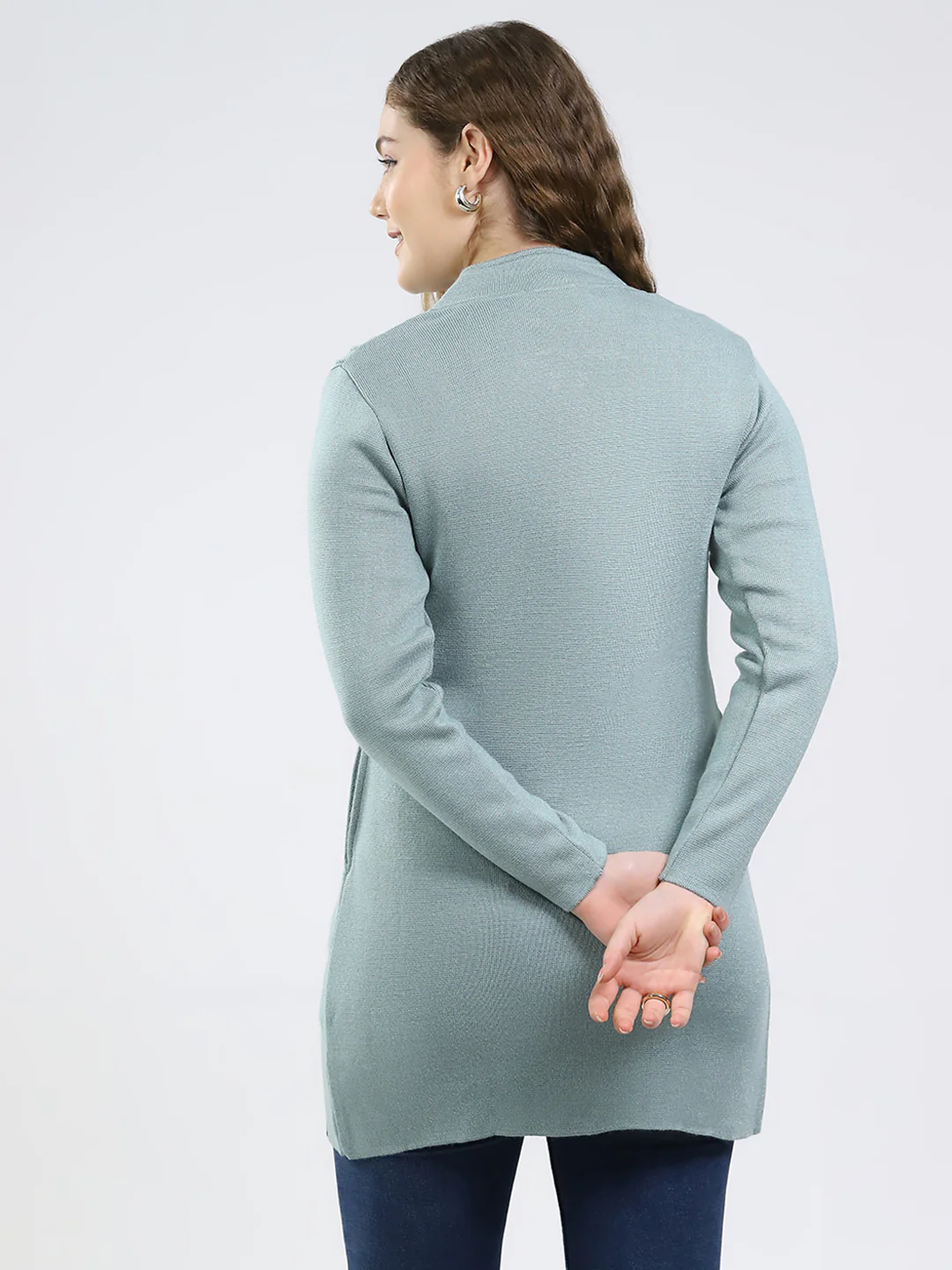 Women Green Self Design Round Neck Full Sleeve Knitted Coat - Image 5