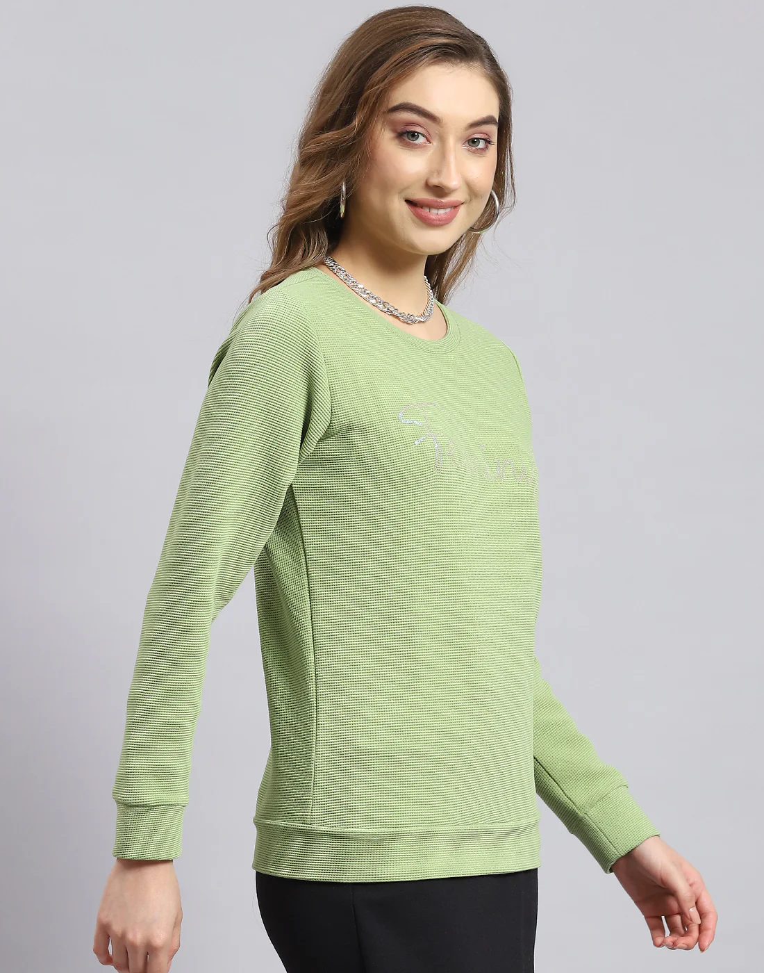 Women Green Self Design Round Neck Full Sleeve Sweatshirt - Image 4