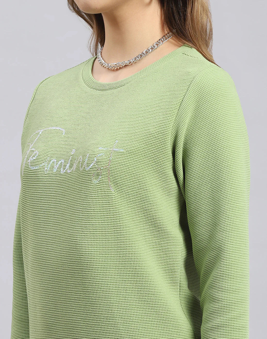 Women Green Self Design Round Neck Full Sleeve Sweatshirt - Image 6