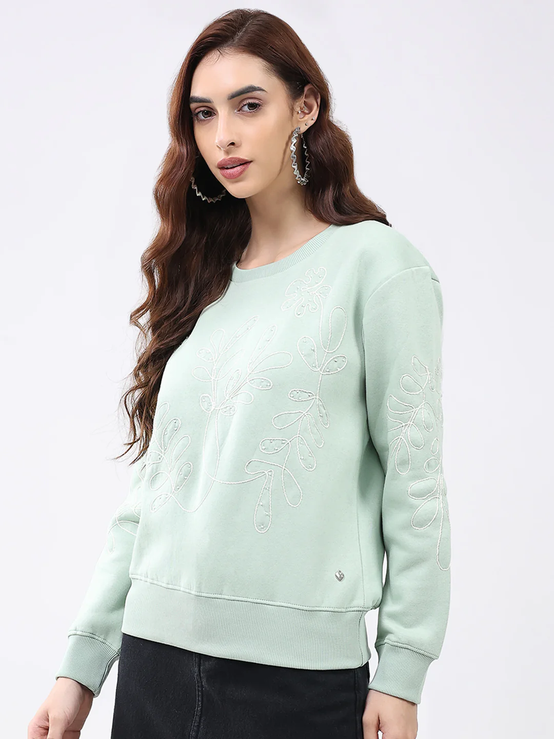 Women Green Self Design Round Neck Full Sleeve Sweatshirt - Image 3