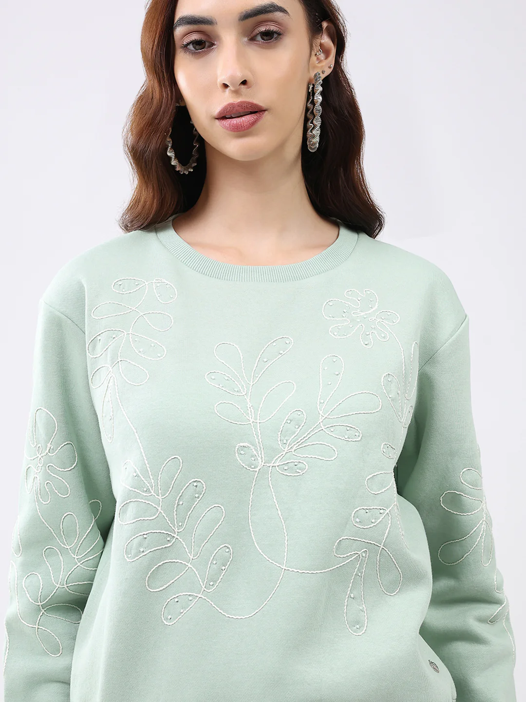 Women Green Self Design Round Neck Full Sleeve Sweatshirt - Image 6
