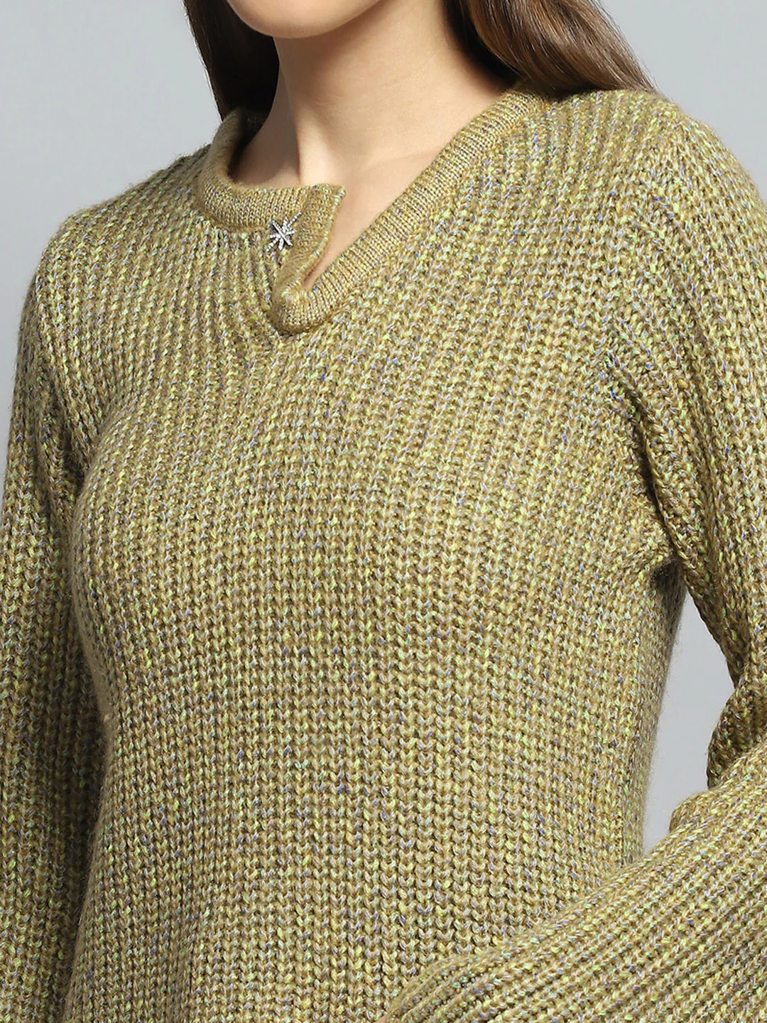 Women Green Self Design Round Neck Full Sleeve Winter Tops - Image 6