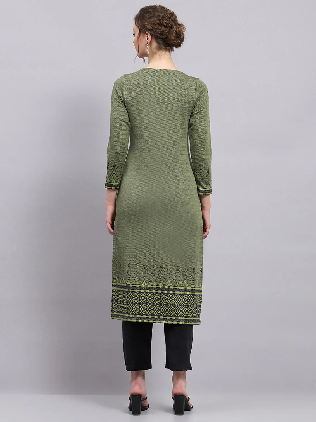 Women Green Self Design Round Neck 3/4th Sleeve Winter Kurti - Image 5