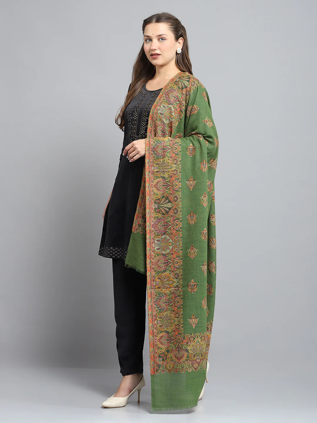 Women Green Self Design Shawl - Image 3