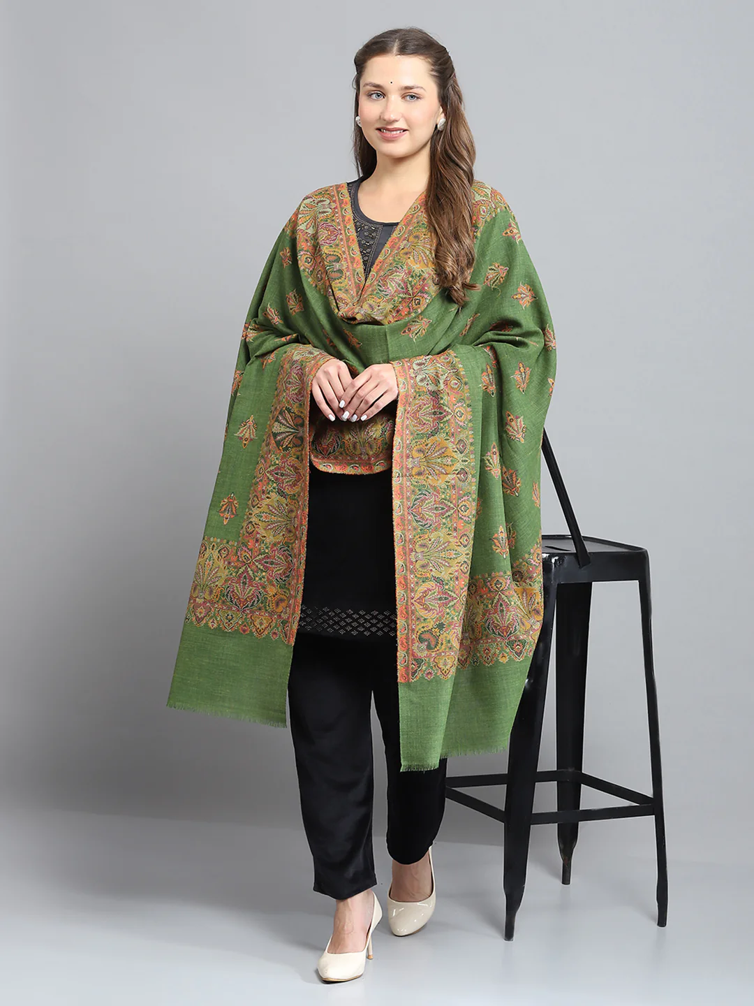 Women Green Self Design Shawl - Image 5