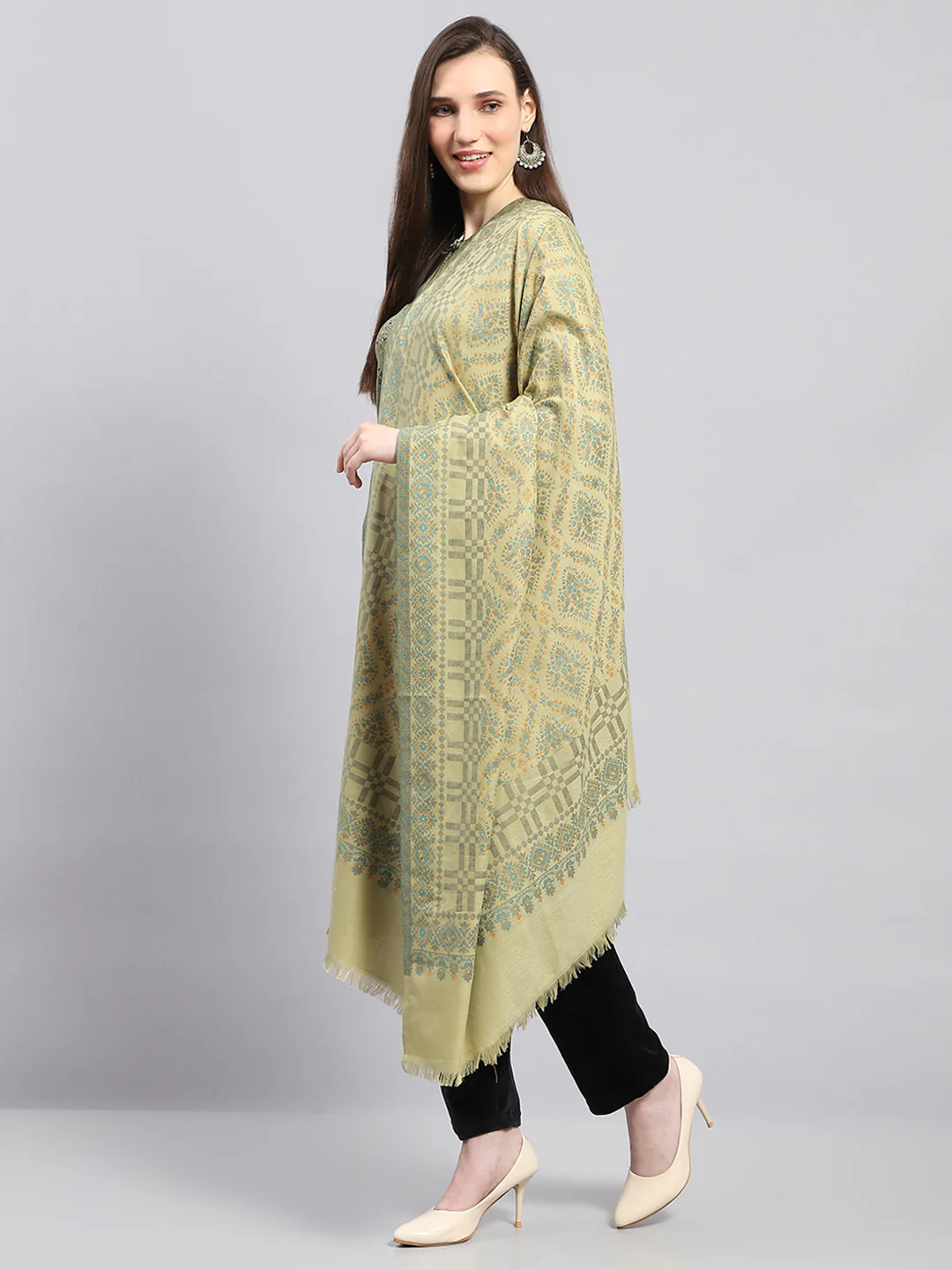 Women Green Self Design Shawl - Image 3