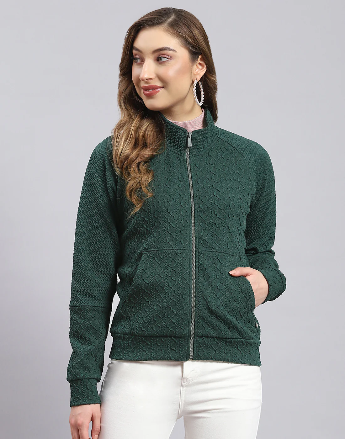 Women Green Self Design Stand Collar Full Sleeve Sweatshirt - Image 2
