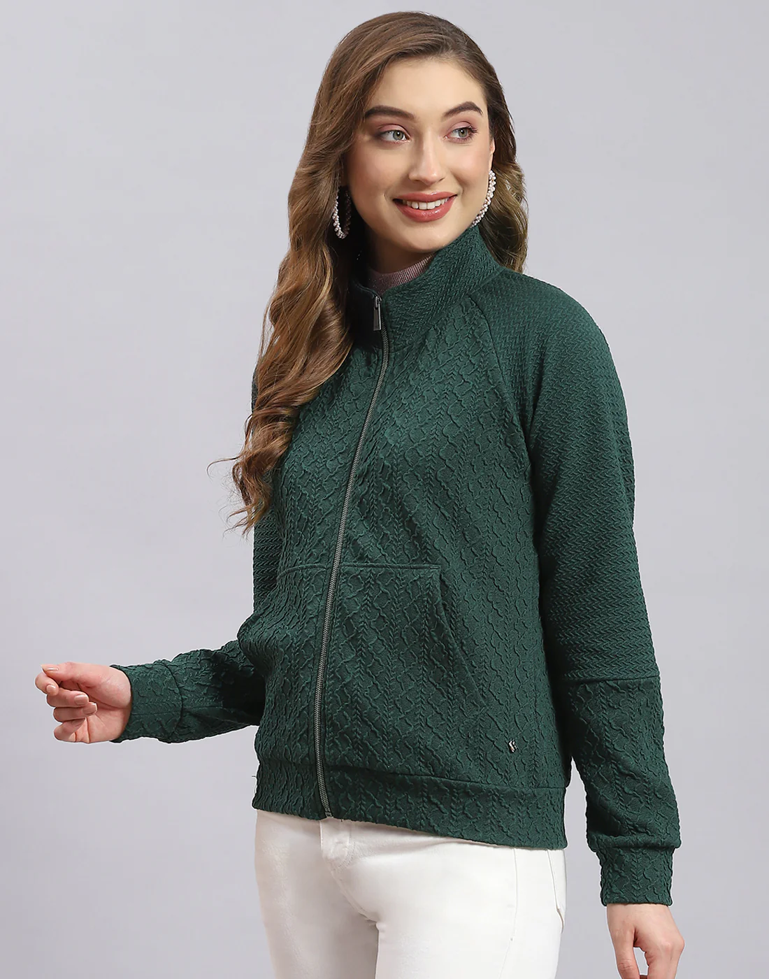 Women Green Self Design Stand Collar Full Sleeve Sweatshirt - Image 3