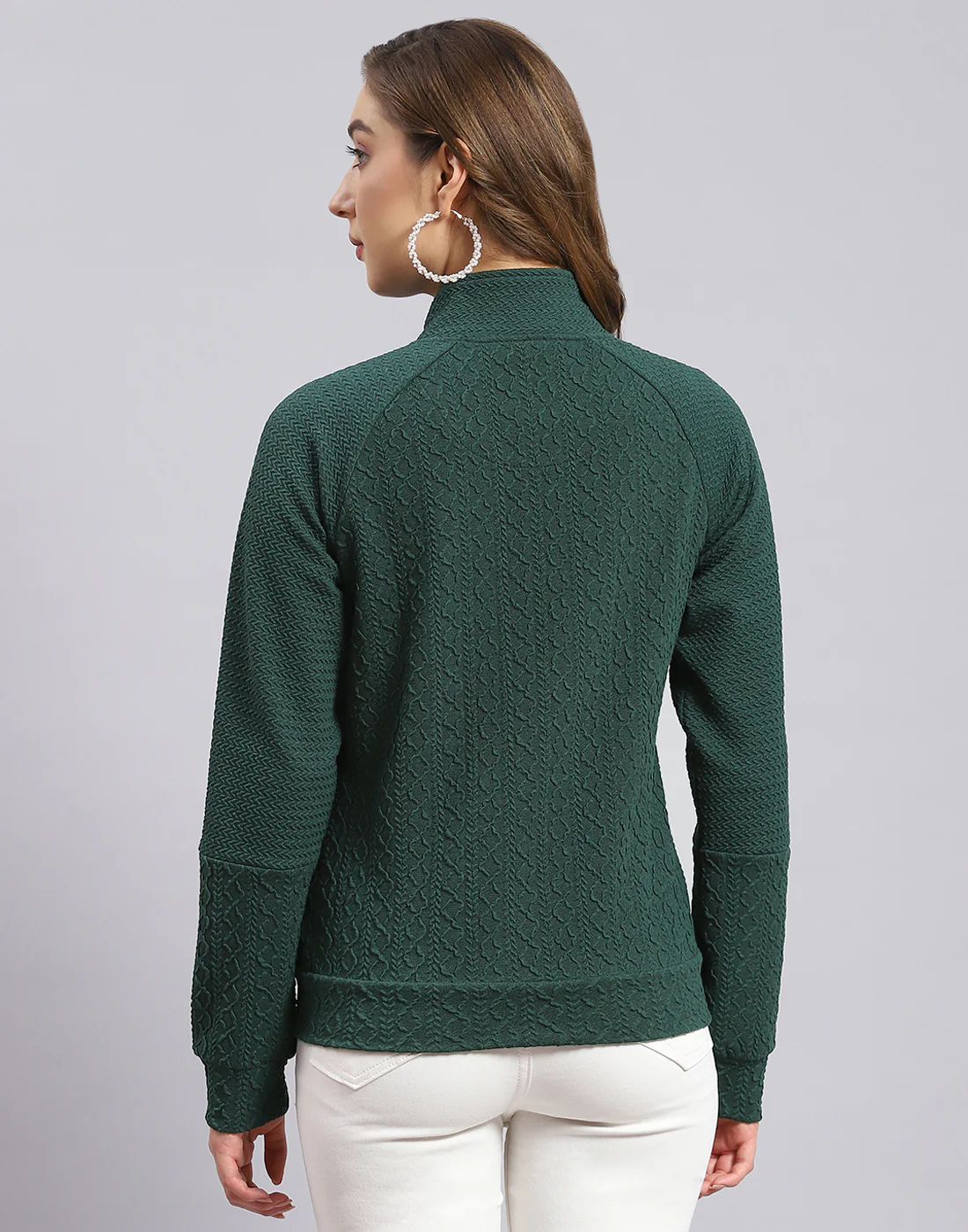 Women Green Self Design Stand Collar Full Sleeve Sweatshirt - Image 5