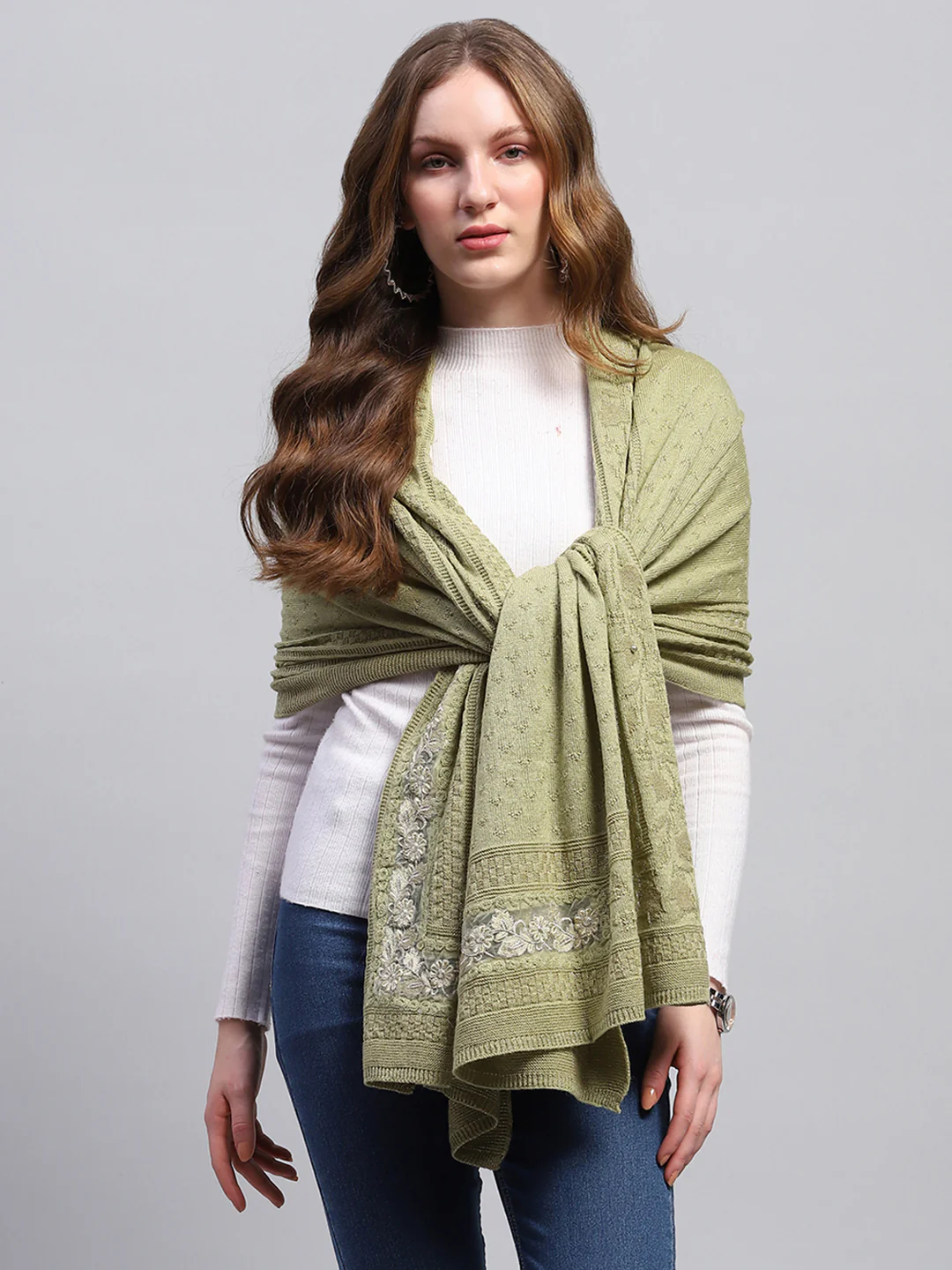 Women Green Self Design Stole - Image 3