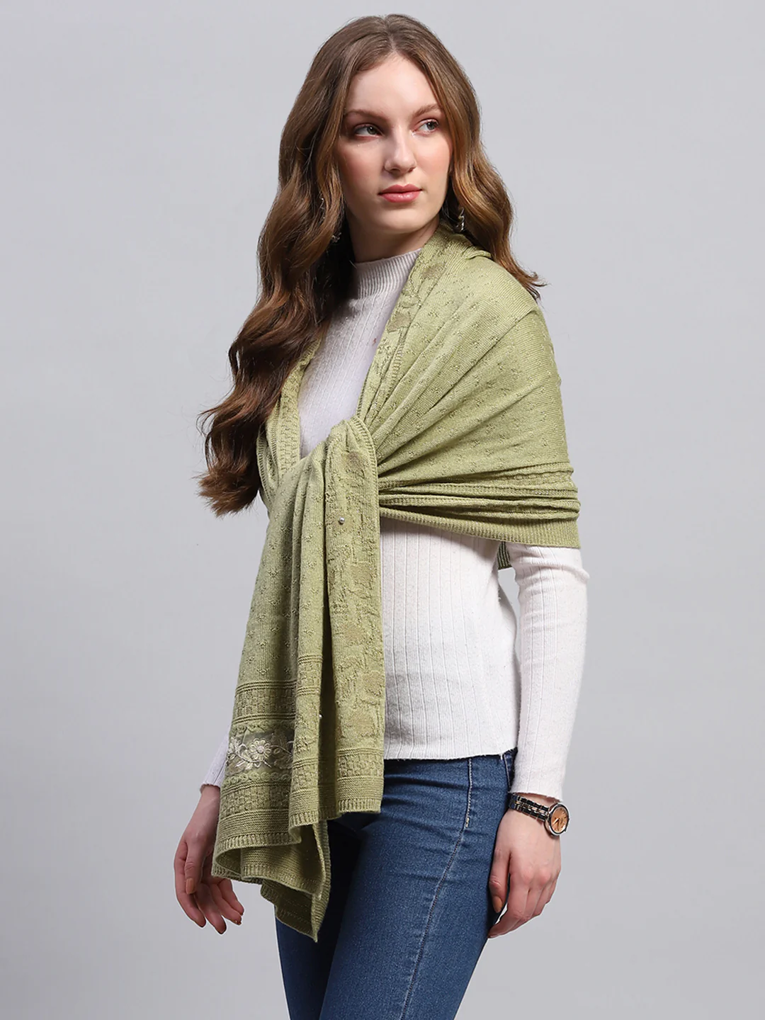 Women Green Self Design Stole - Image 4