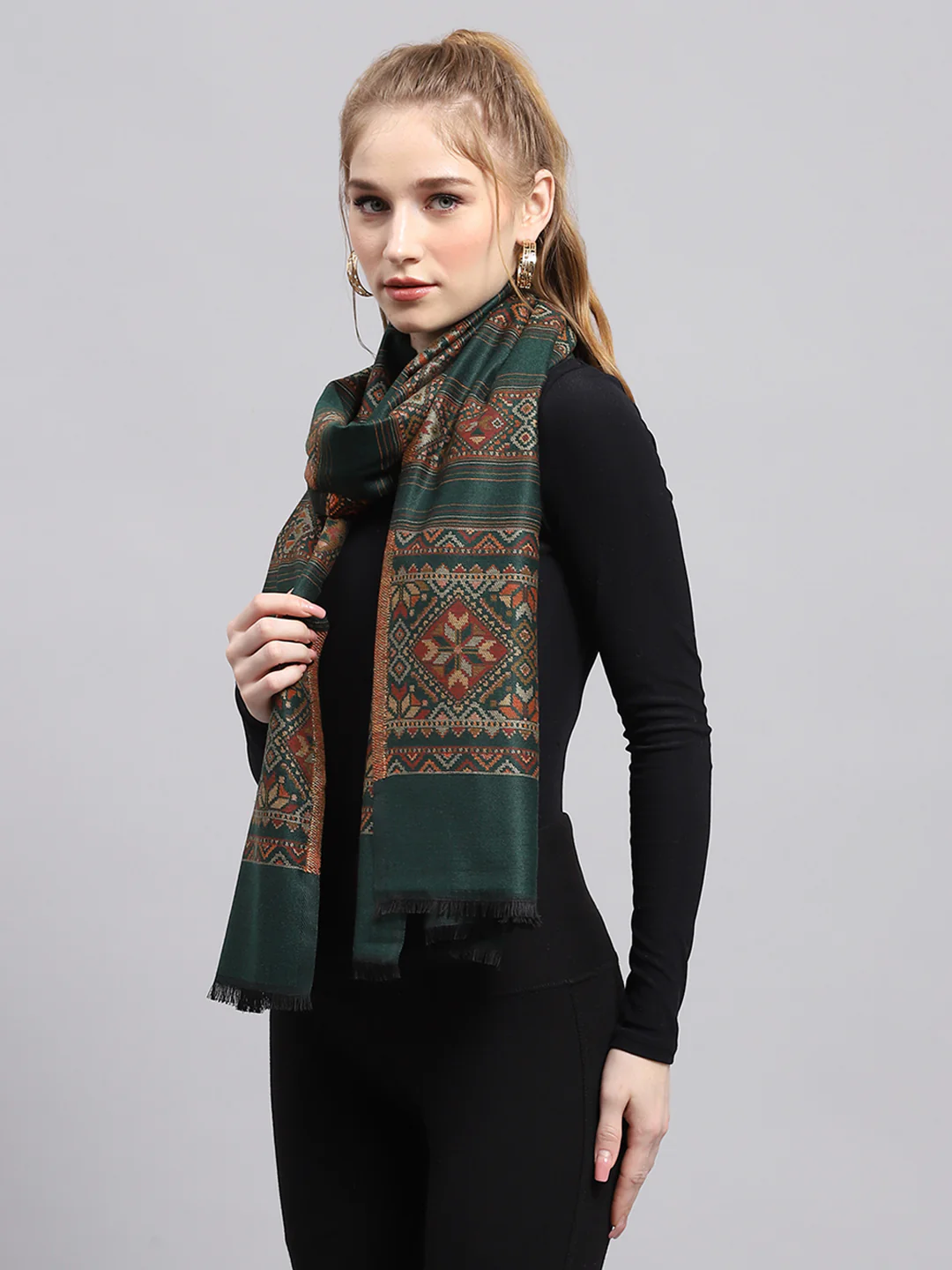 Women Green Self Design Stole - Image 3