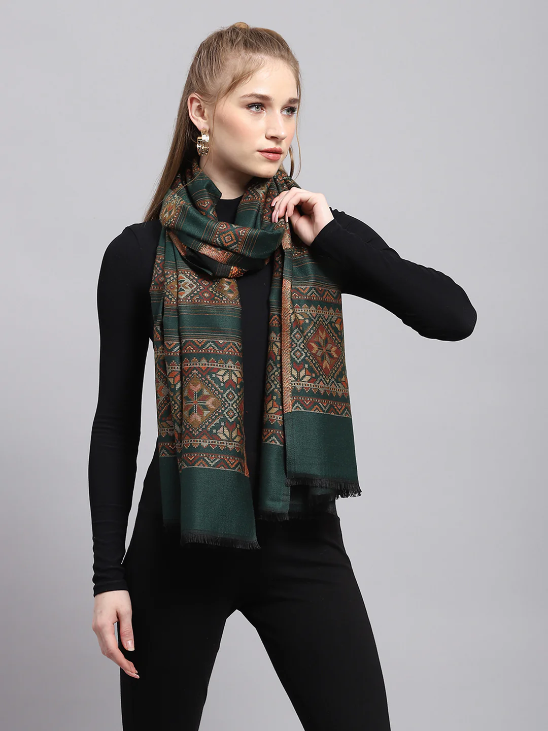 Women Green Self Design Stole - Image 4