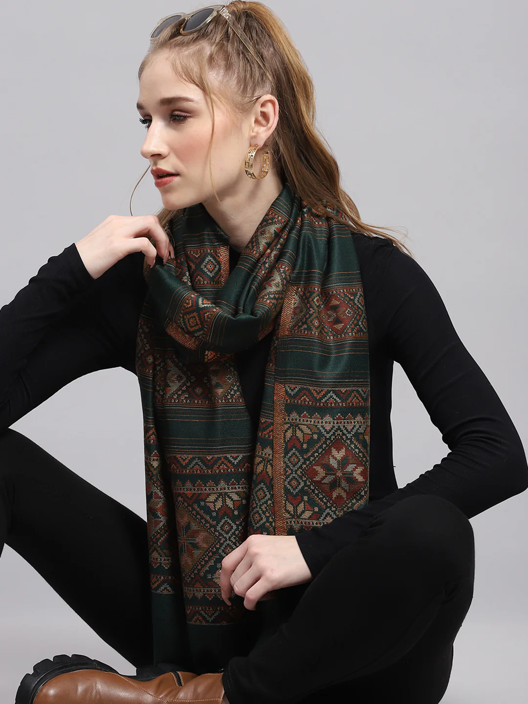 Women Green Self Design Stole - Image 6