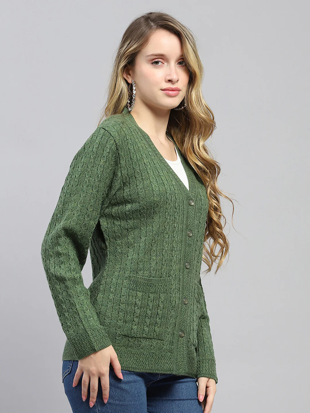 Women Green Self Design V Neck Full Sleeve Cardigan - Image 4