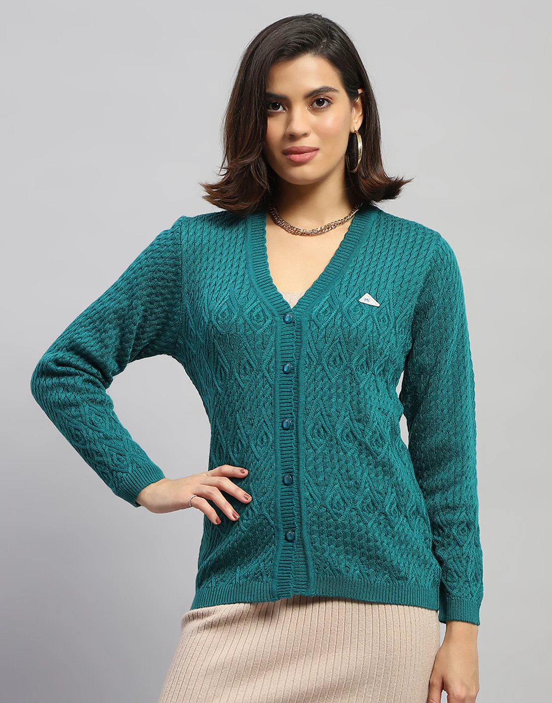 Women Green Self Design V Neck Full Sleeve Cardigan - Image 2