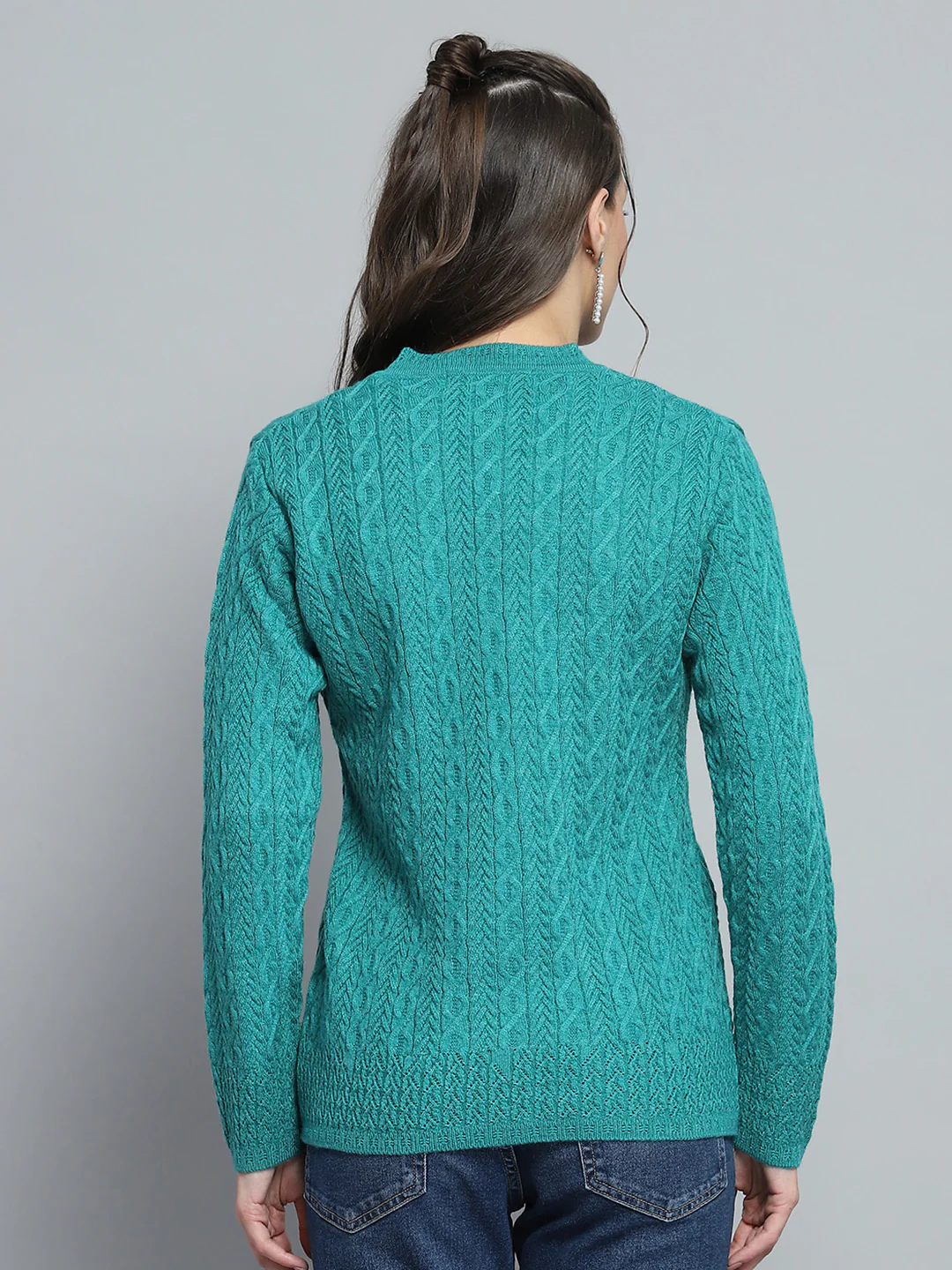 Women Green Self Design V Neck Full Sleeve Cardigan - Image 5