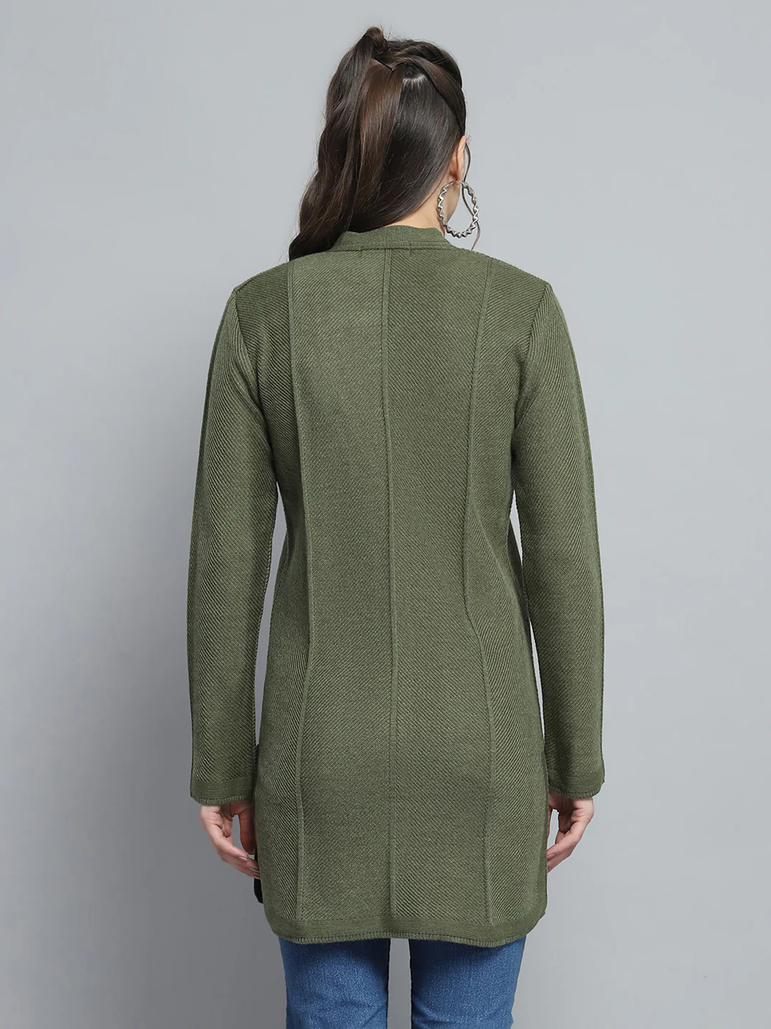 Women Green Self Design V Neck Full Sleeve Cardigan - Image 5