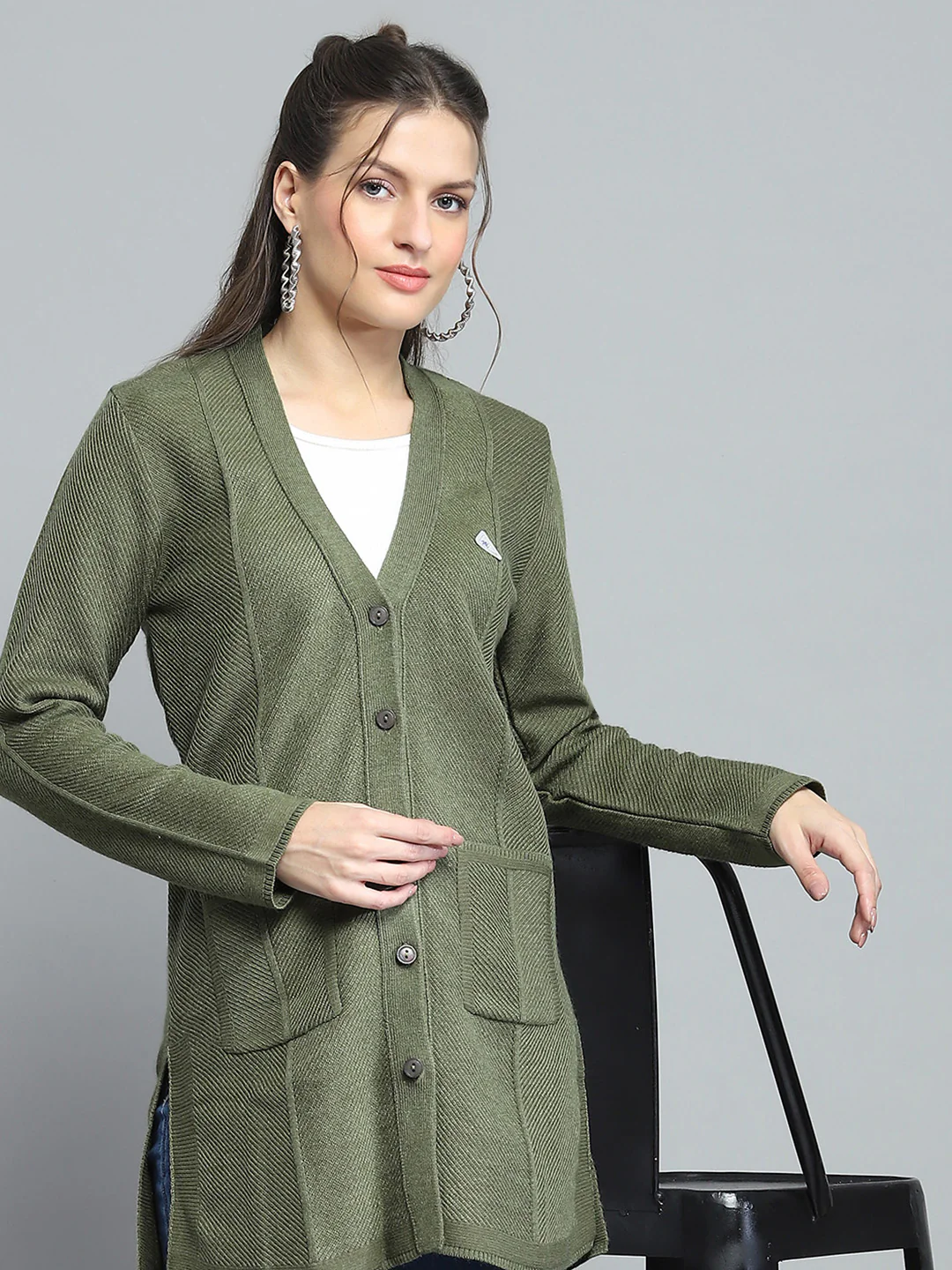 Women Green Self Design V Neck Full Sleeve Cardigan - Image 6