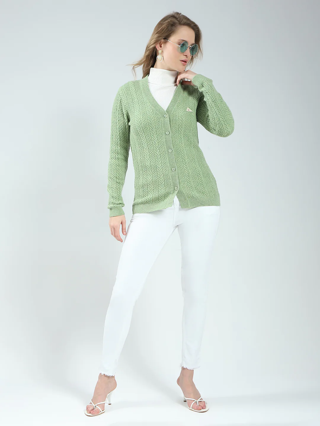Women Green Self Design V Neck Full Sleeve Cardigan - Image 2