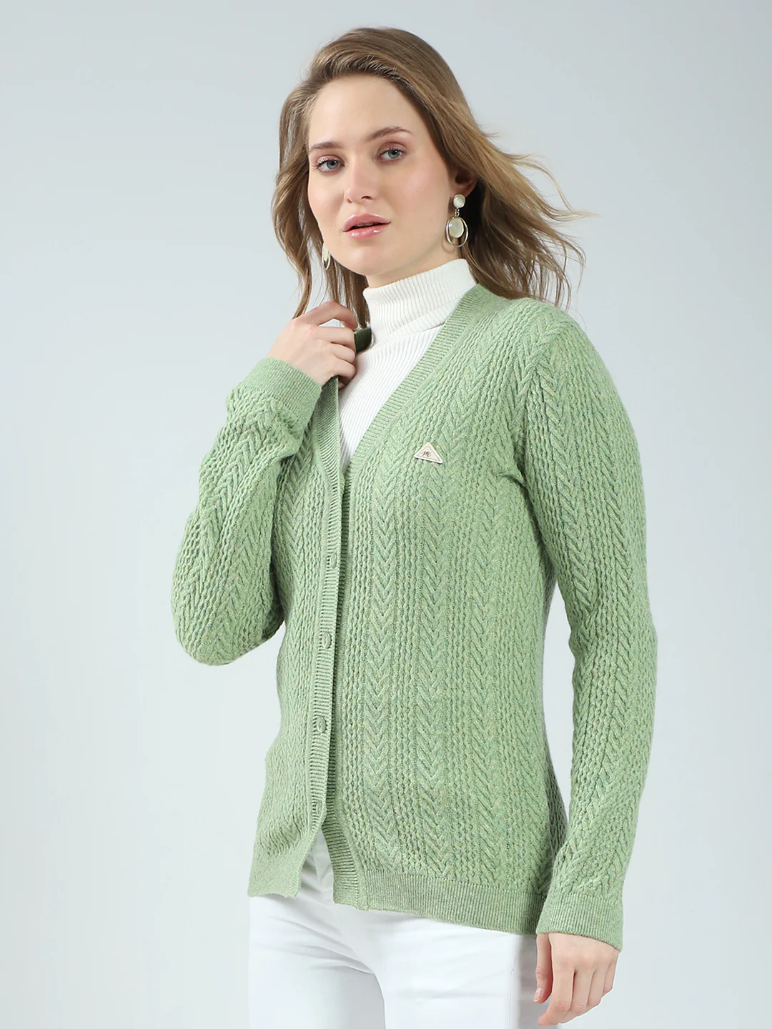 Women Green Self Design V Neck Full Sleeve Cardigan - Image 3