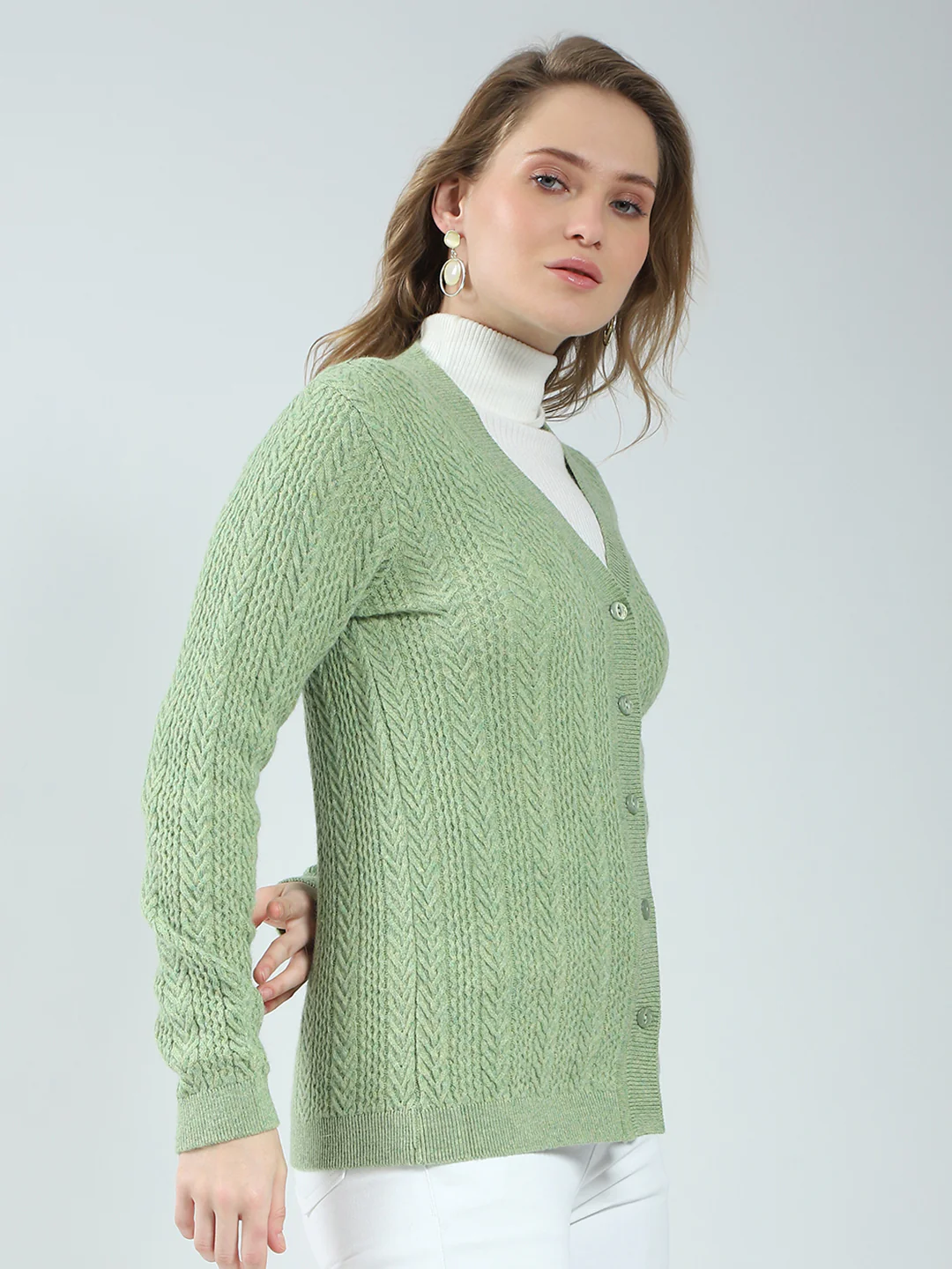 Women Green Self Design V Neck Full Sleeve Cardigan - Image 4