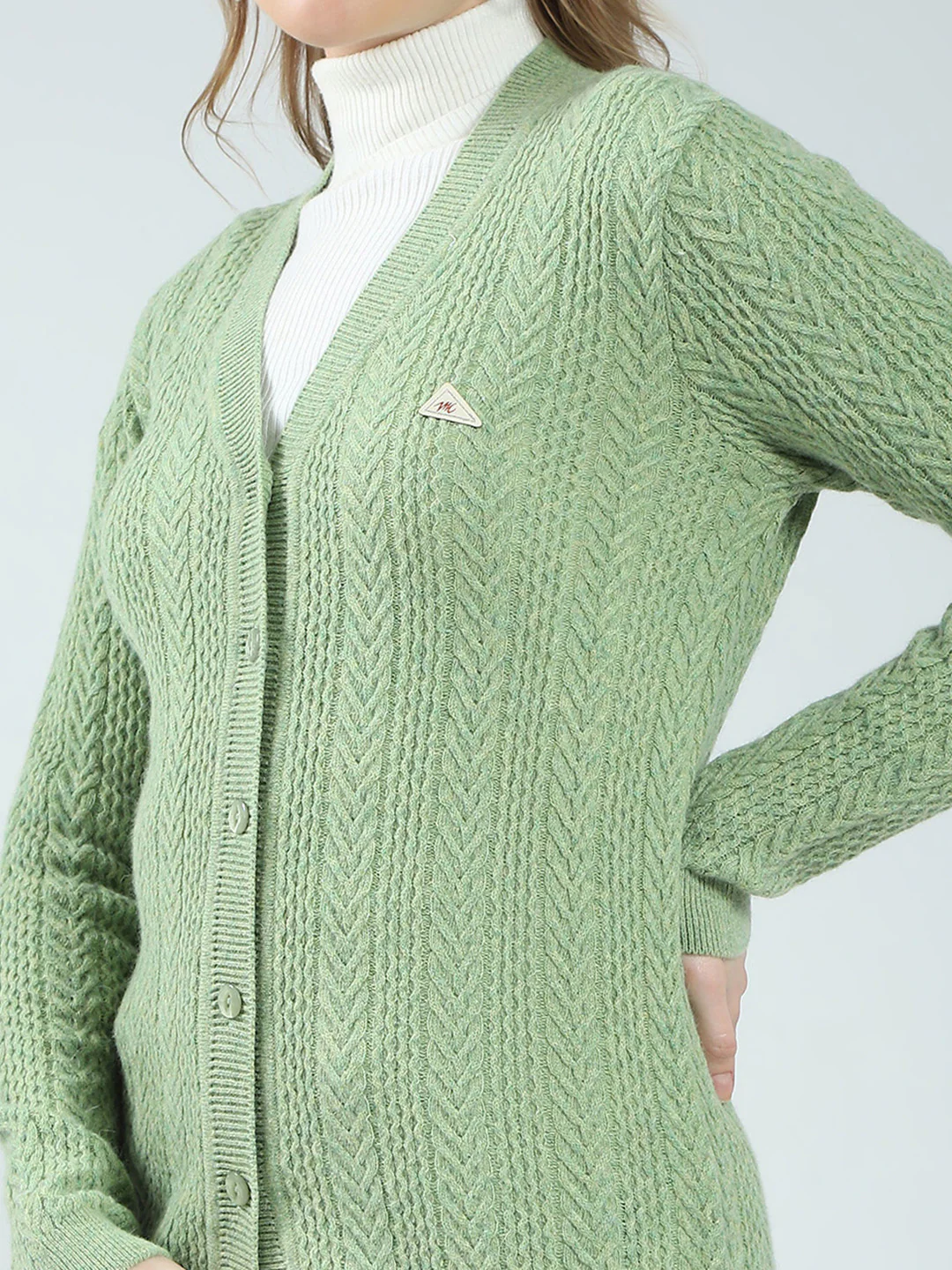 Women Green Self Design V Neck Full Sleeve Cardigan - Image 6