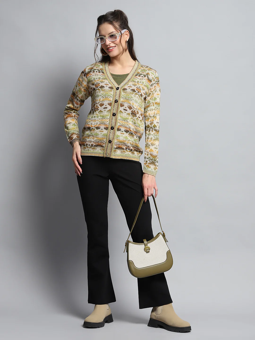 Women Green Self Design V Neck Full Sleeve Cardigan - Image 2
