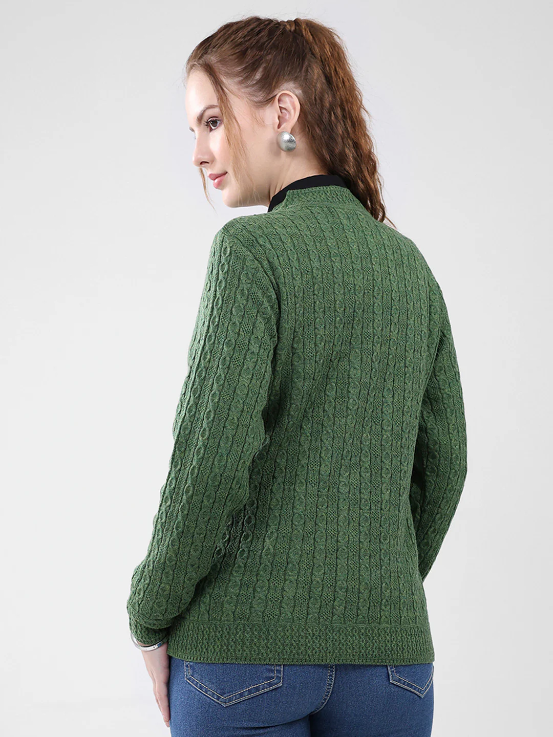 Women Green Self Design V Neck Full Sleeve Cardigan - Image 5