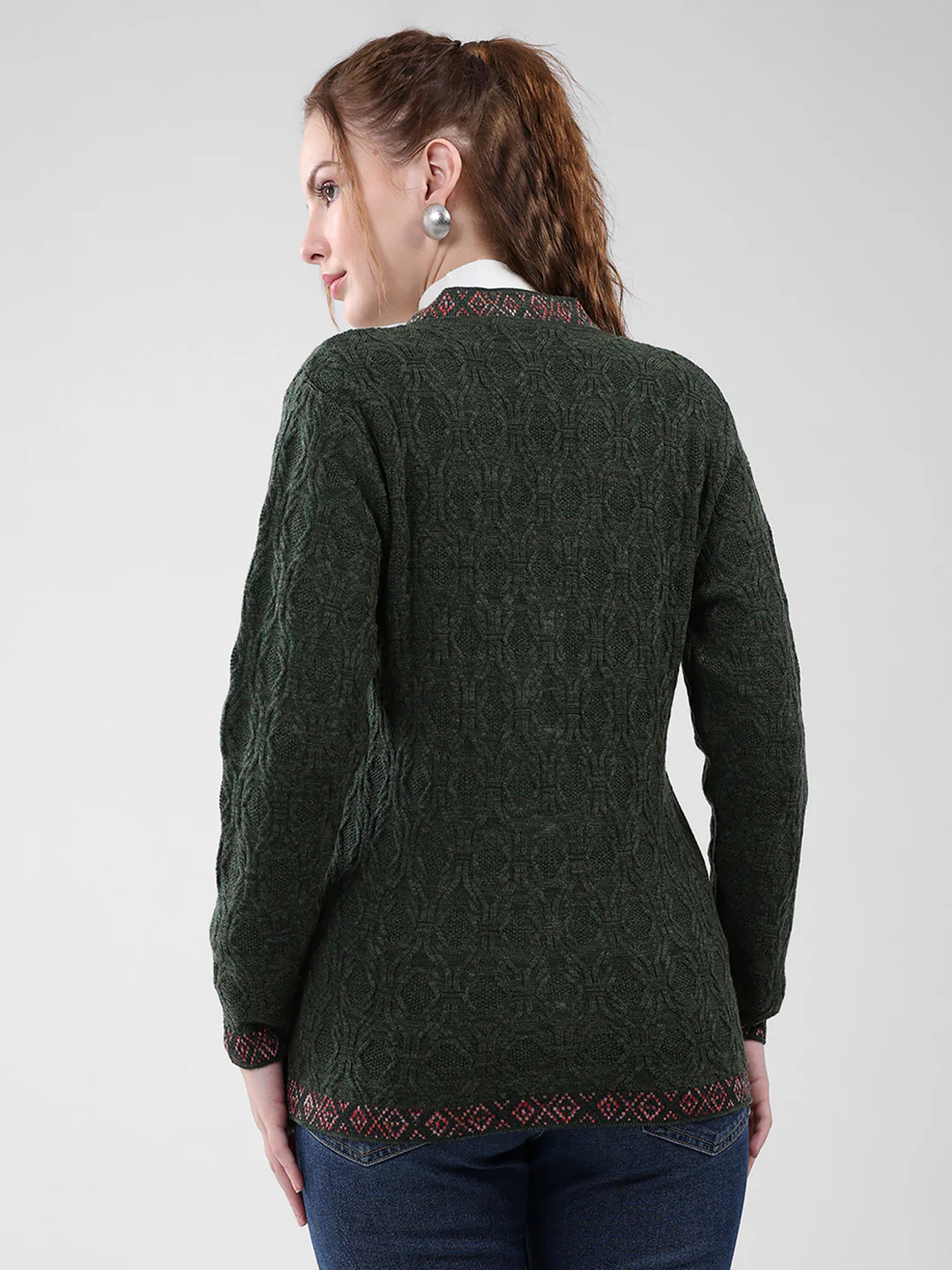 Women Green Self Design V Neck Full Sleeve Cardigan - Image 5