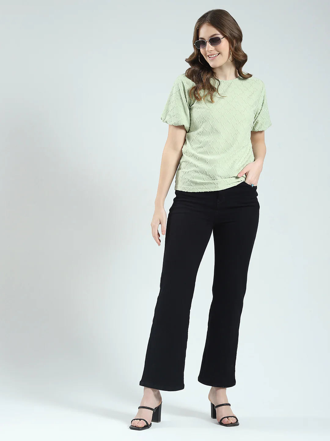 Women Green Self Design Round Neck Half Sleeve Top - Image 2