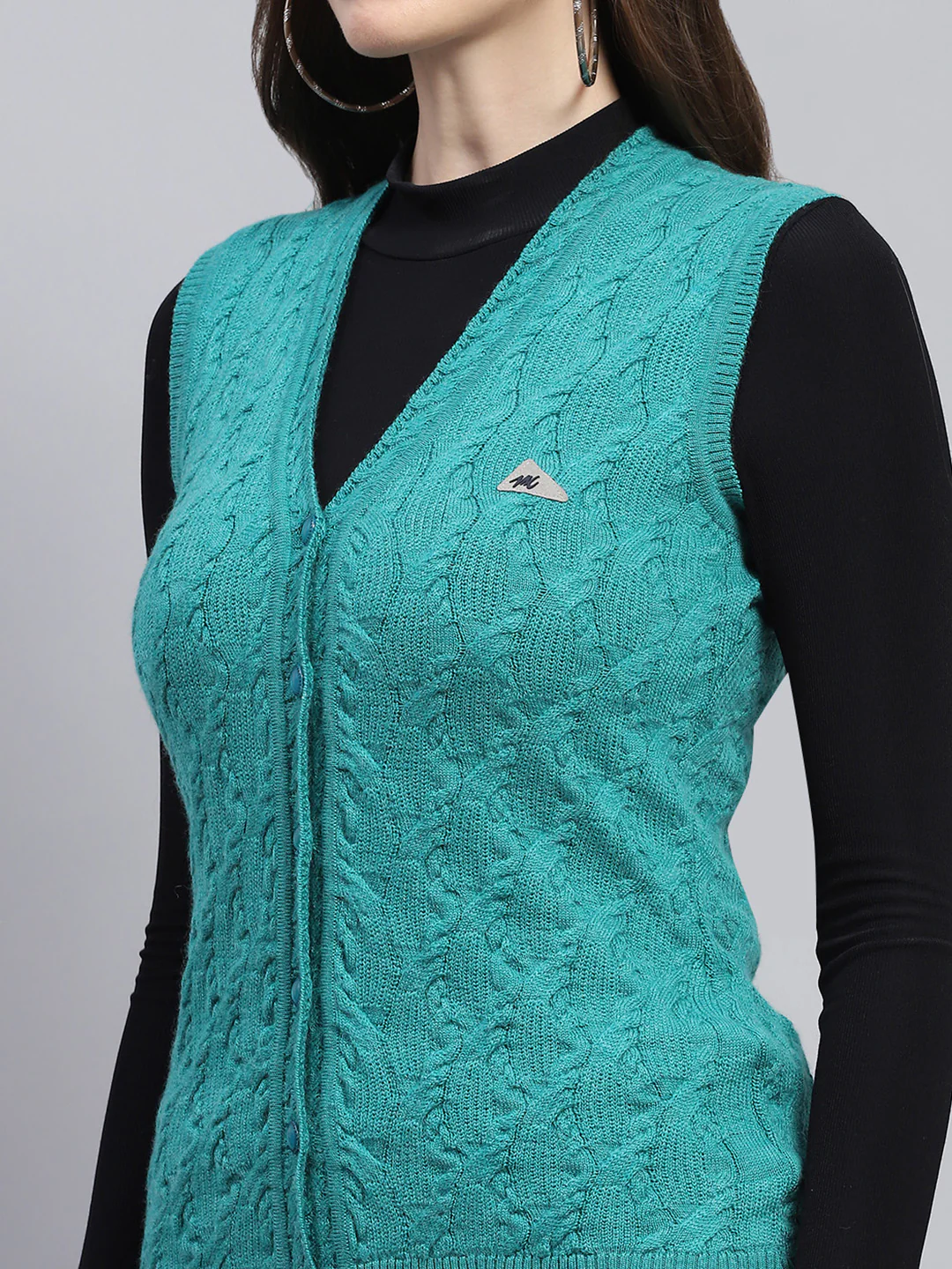 Women Green Self Design V Neck Sleeveless Cardigan - Image 6