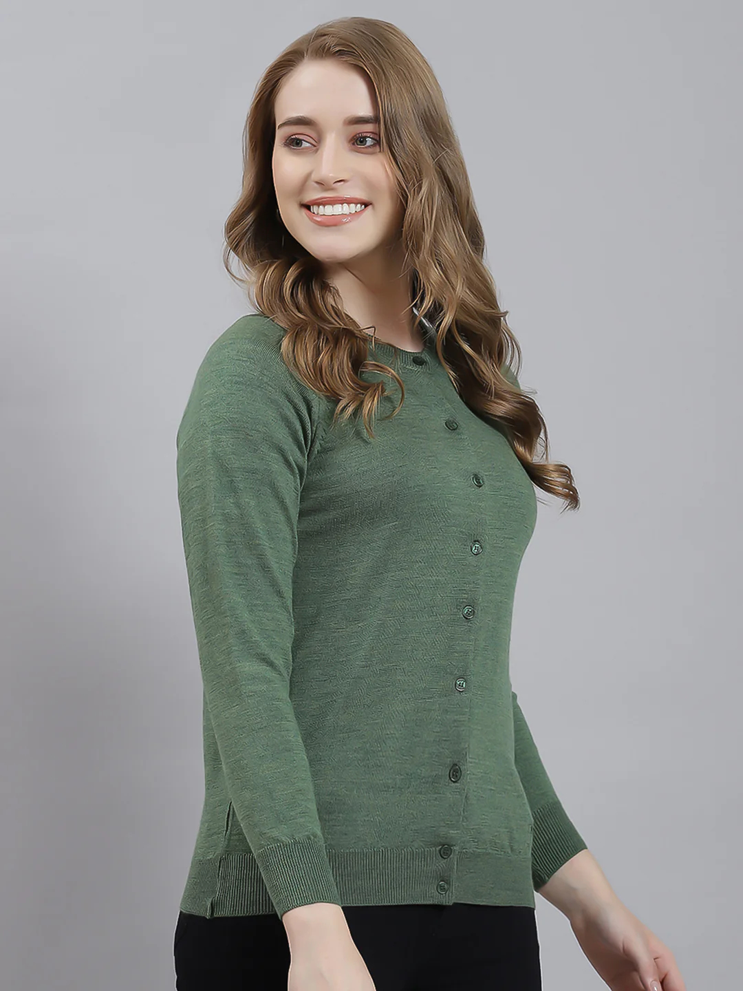 Women Green Solid Cardigan - Image 3