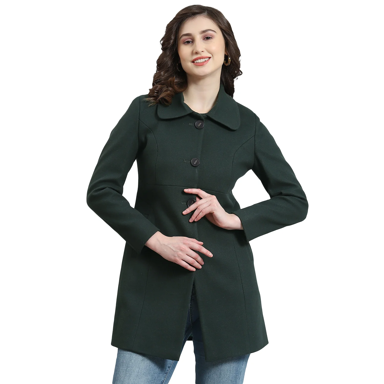 Women Green Solid Collar Full Sleeve Coat - Image 5