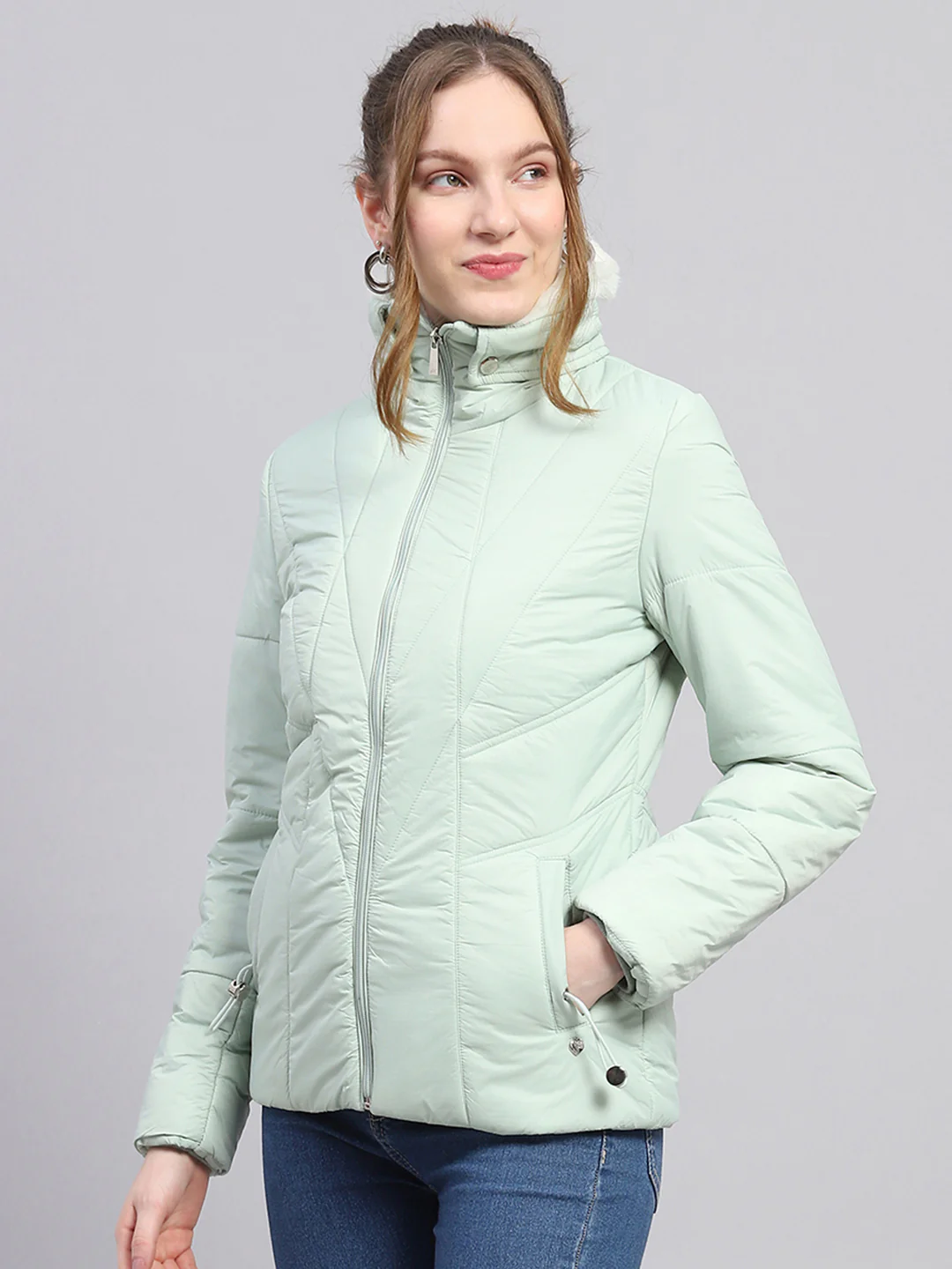 Women Green Solid Collar Full Sleeve Jacket - Image 3