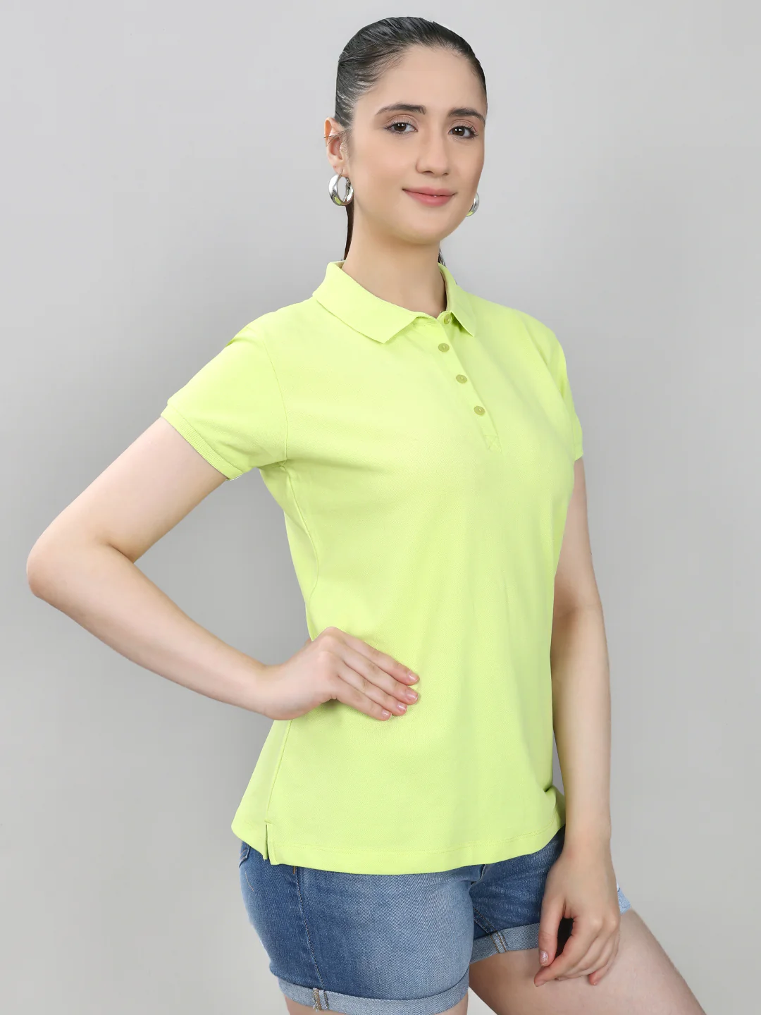 Women Green Solid Collar Half Sleeve T-Shirt - Image 3