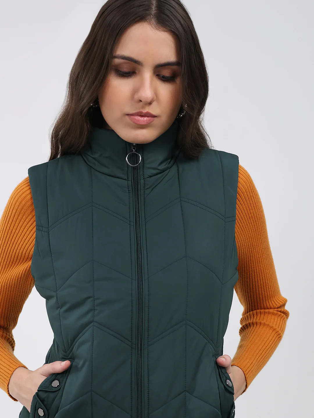 Women Green Solid Collar Sleeveless Jacket - Image 6