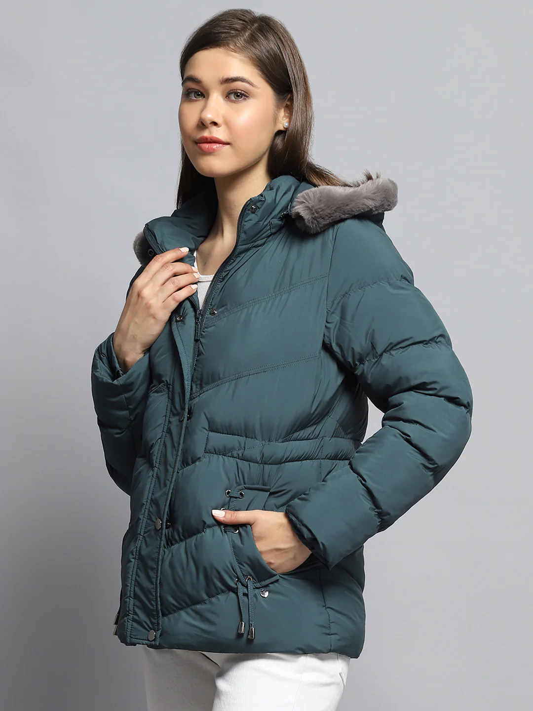 Women Green Solid Detachable Hood Full Sleeve Jacket - Image 3