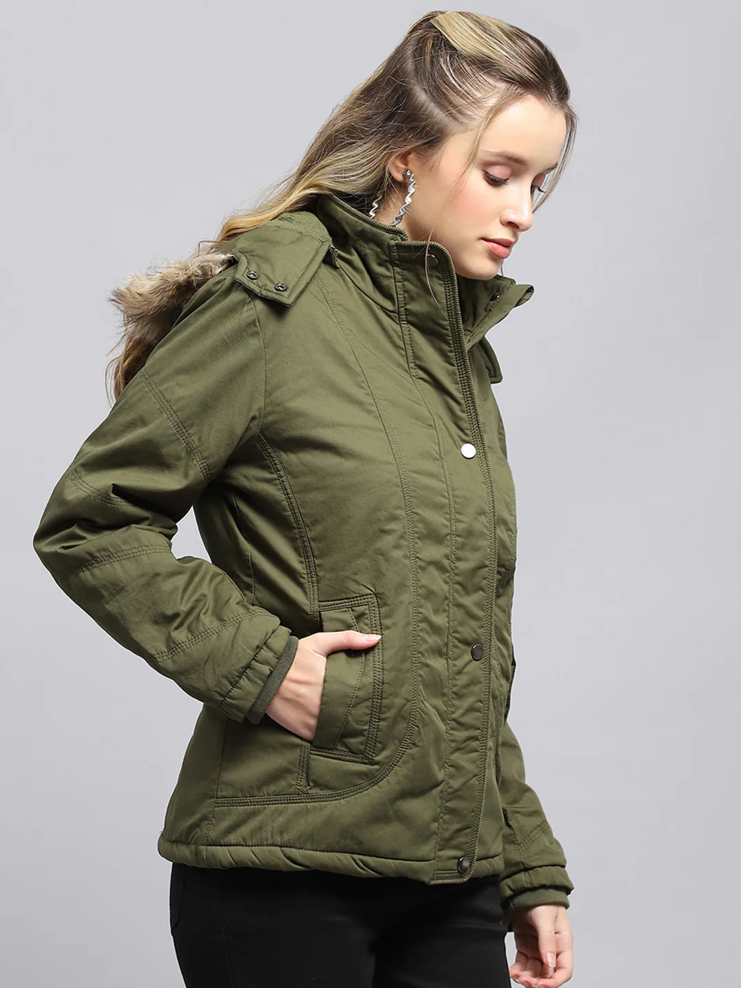 Women Green Solid Detachable Hood Full Sleeve Jacket - Image 4