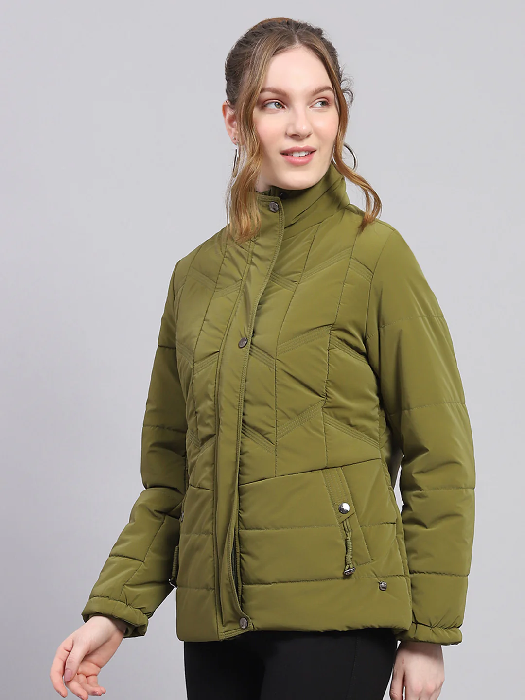 Women Green Solid High Neck Full Sleeve Jacket - Image 3